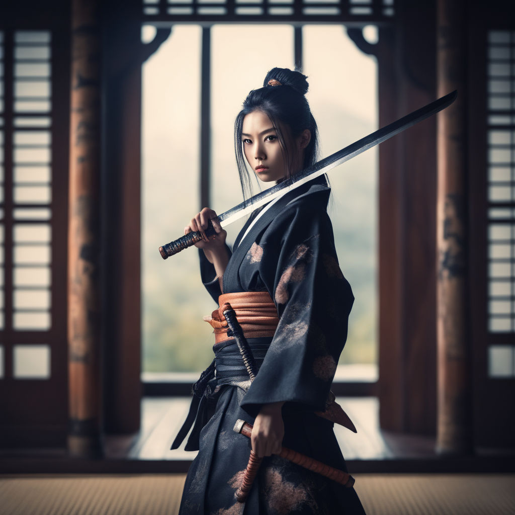 a female ninja worrier with a drown sword in a fighting scene