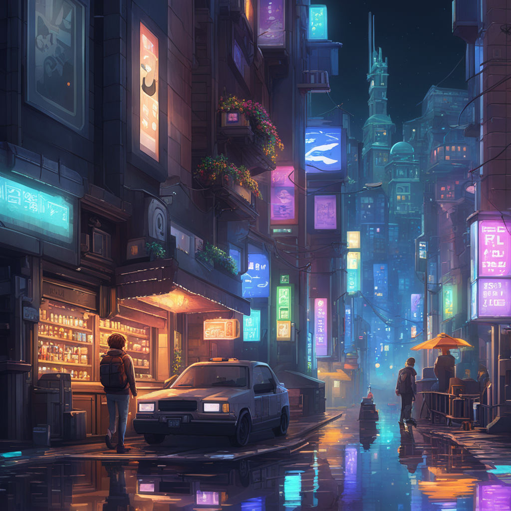 Cyberpunk neon city street at night. Futuristic city scene in a