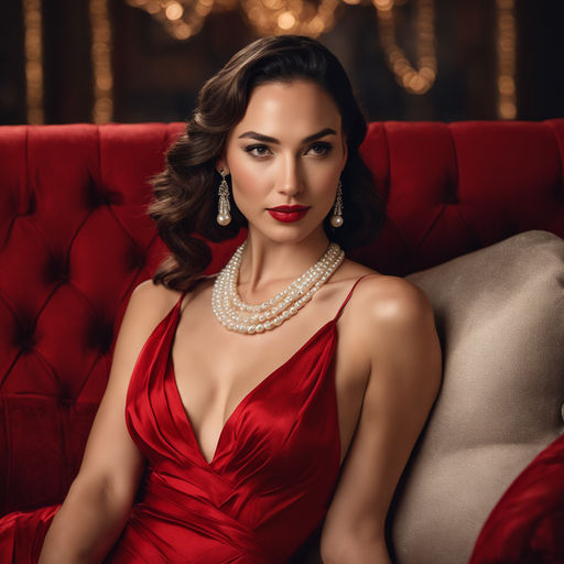 Prompt: 40's Style Pin-Up of a Lounging on Sofa Pretty Girl like Gal Gadot in red Chiffion Dress with a pearl necklace ultra-realistic 8K 22-4 Hasleblad 
Laura Gilpin style , Miki Asai Macro photography, close-up, hyper detailed, trending on artstation, sharp focus, studio photo, intricate details, highly detailed, by greg rutkowski