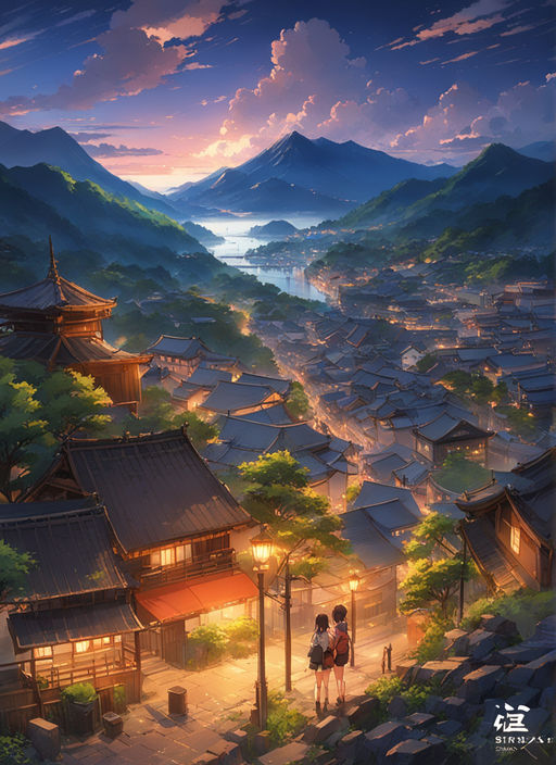 Ilustração do Stock: Traditional Japanese rural village in Kyoto, Japan.  Wooden huts in pastoral landscape setting at night. Illustration in the  style of manga and anime with traditional asian architecture. generative ai  |