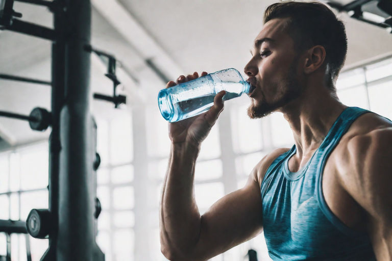 Fit Strong And Workout Break And Water Bottle With A Man Ready To Drink  Water On A Grey Studio Background Bodybuilder Drinking Water And Exercise  Or Training Break For Thirsty Hydration Stock