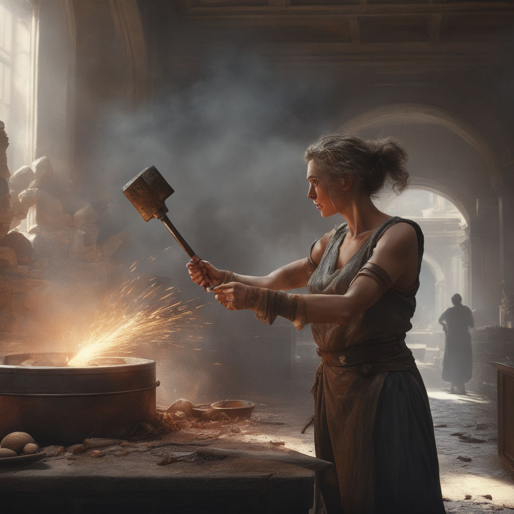 action painting of female brown skinned blacksmith with short pink