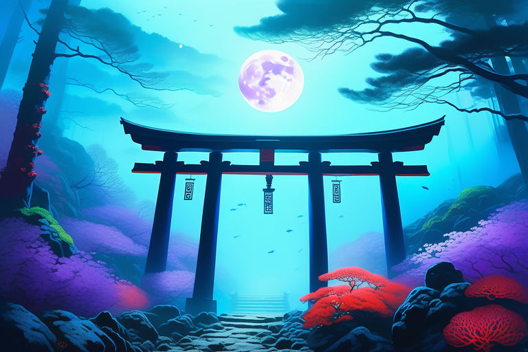 Anime torii gate sakura blossom dream moon