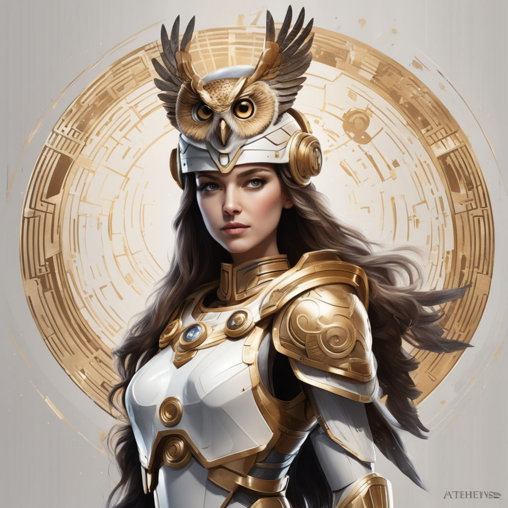 graceful portrayal of Athena, the ancient Greek goddess of wisdom, adorned  in battle armor with an owl perched on her shoulder