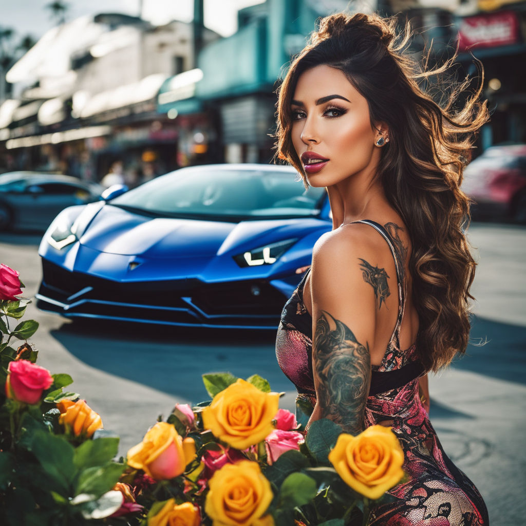 Rockabilly girl poses with her tattoos at amusement park with neon