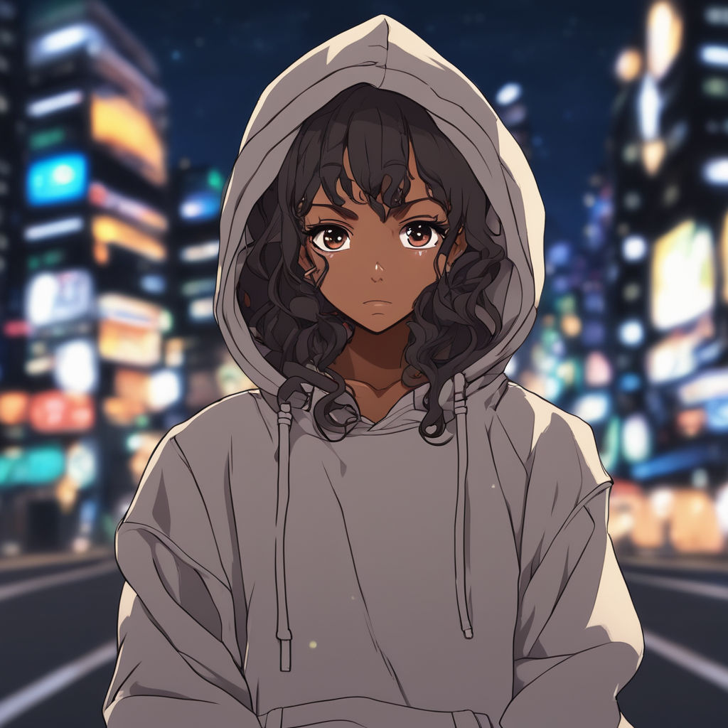 An anime girl with brown wavy hair and brown eyes wearing an orange cropped  hoodie with a light orange background on Craiyon