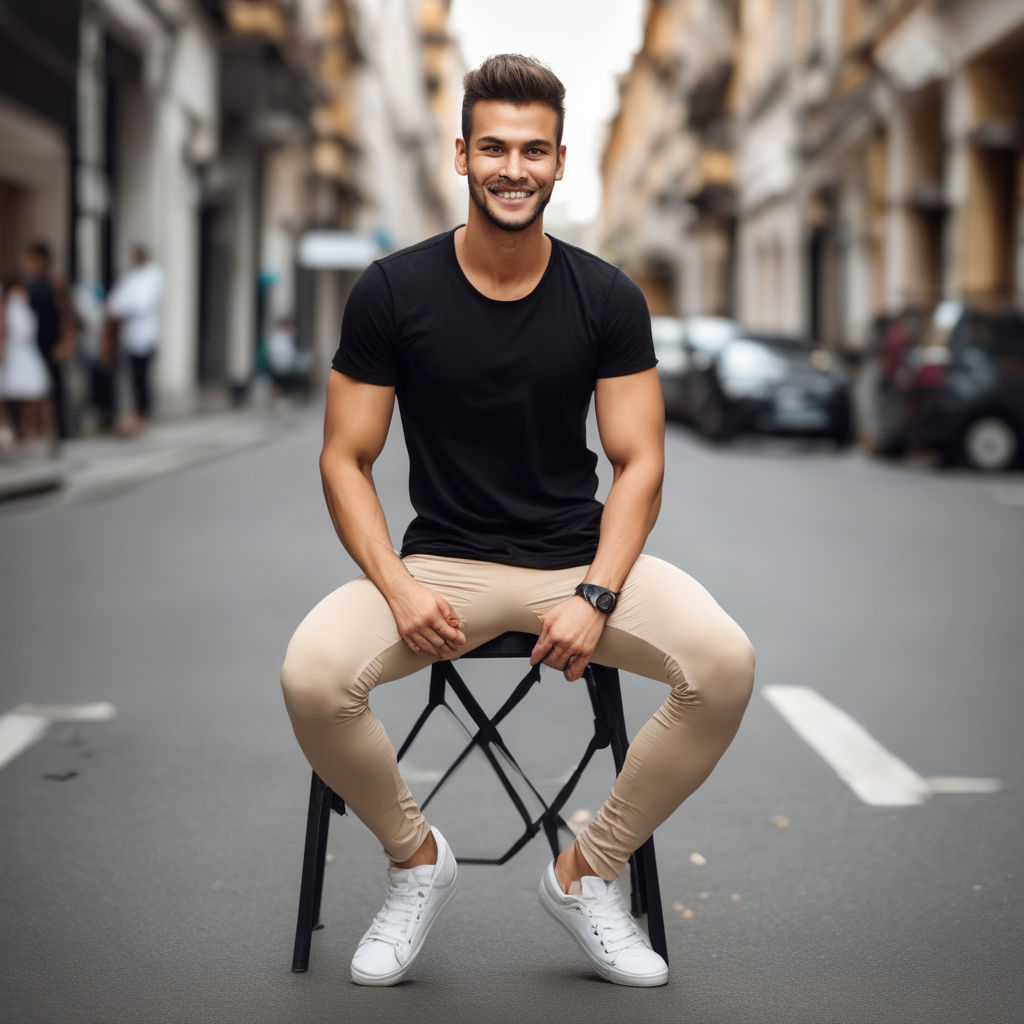 Free Photo  Horizontal view of pensie black male leans at hands, sits on  road, has muscular body, wears sport leggings, trainers, white socks.  jogging in open air