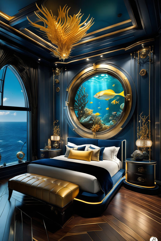 Illustrate an Underwater-themed Luxury Neon Bedroom with