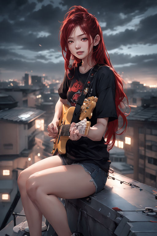 anime girl with long blood red hair