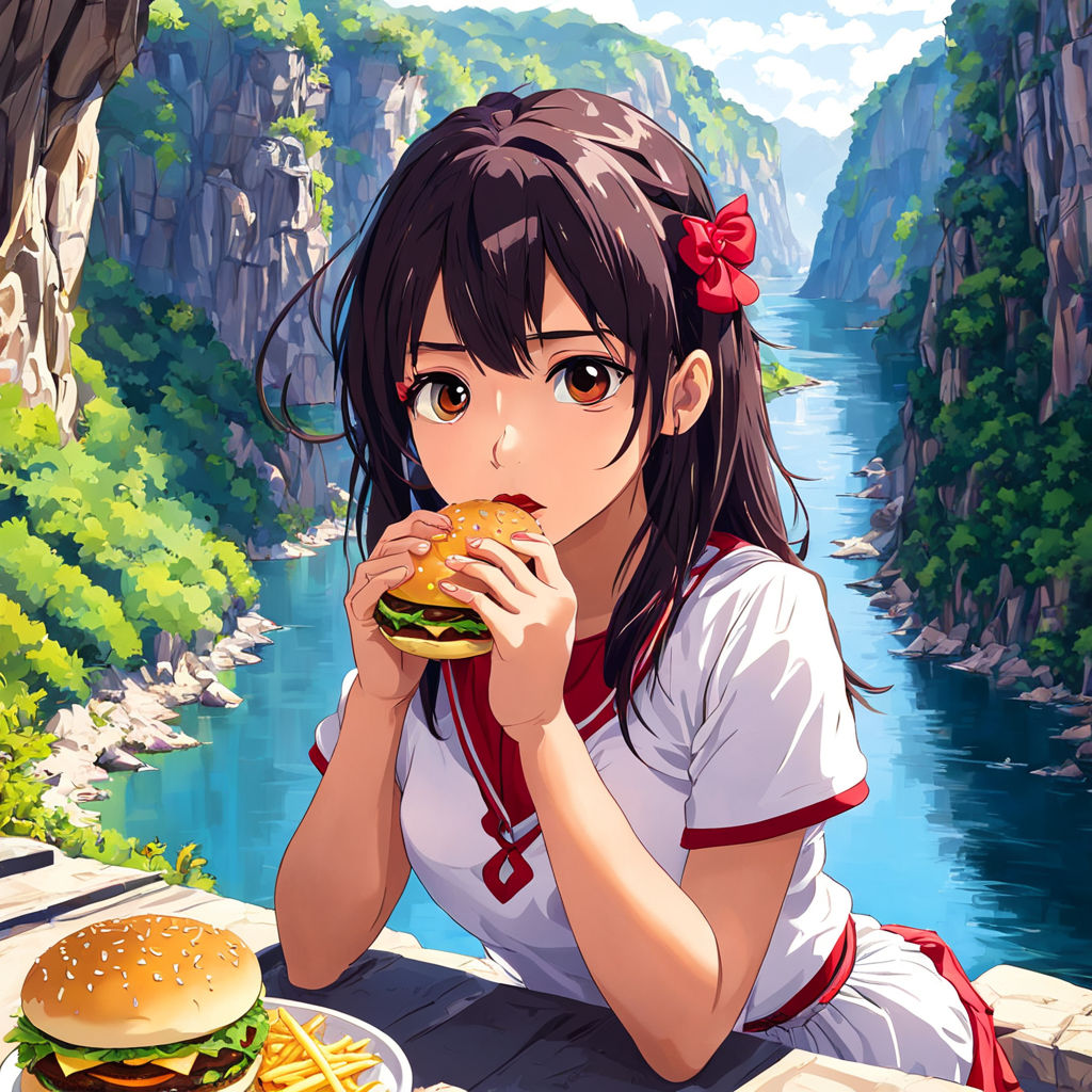 Fox eating hamburger, illustration, anime, manga --auto --s2 - SeaArt AI