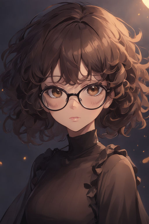 Illustration of a dark-skinned anime girl with glasses and curly hair