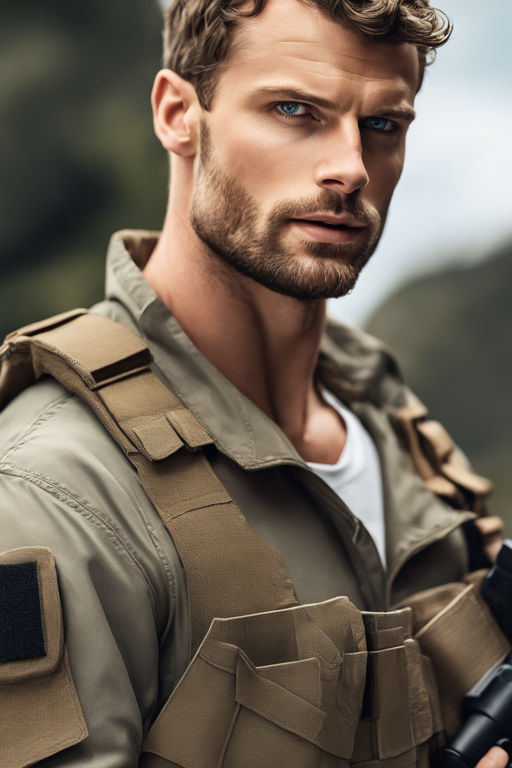 Man with dark medium hair cyberpunk mercenary streetwear muscular soldier  fighter tactical face portrait