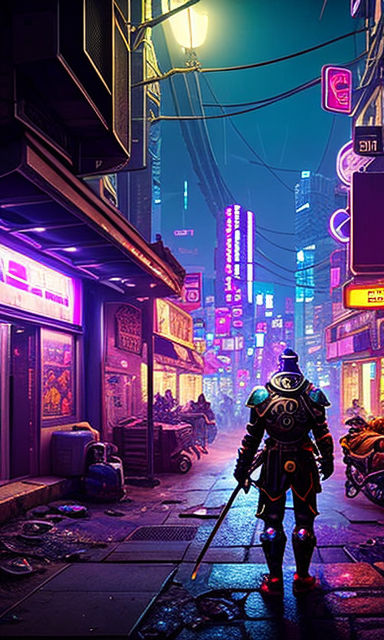 Samurai overlooking a neon-lit cyberpunk city