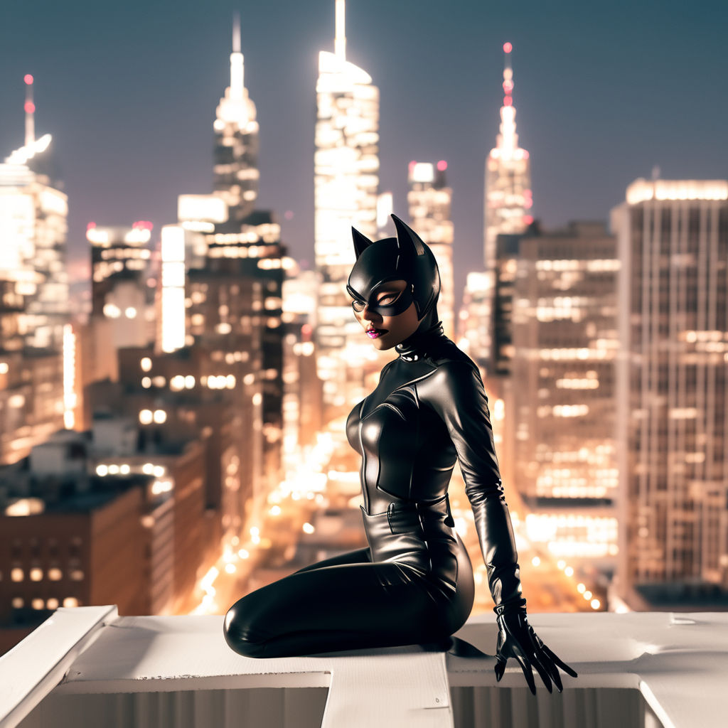 catwoman on skyscraper roof, leather costume