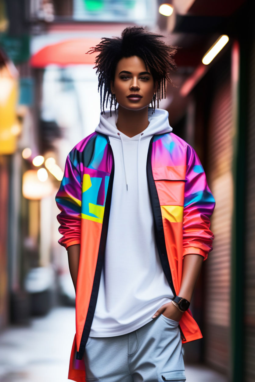 wearing an oversized asymmetric jacket in vibrant neon colors