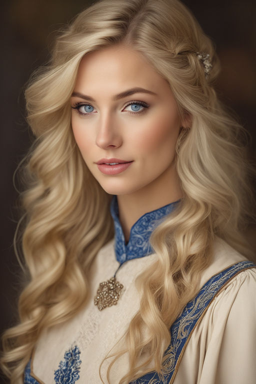 Viking princess, blonde hair, blue eyes, oval face, large breast