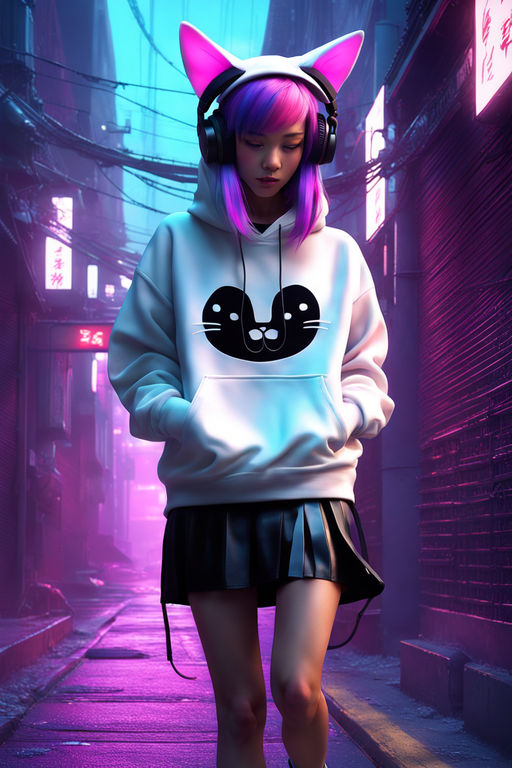 Blue Hair Anime Girl With Mike Wearing Hoodie Dress 4K 8K HD Anime