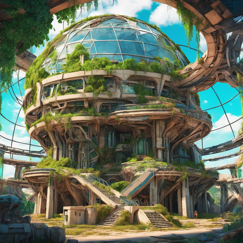 solarpunk futuristic city which has been abandoned and