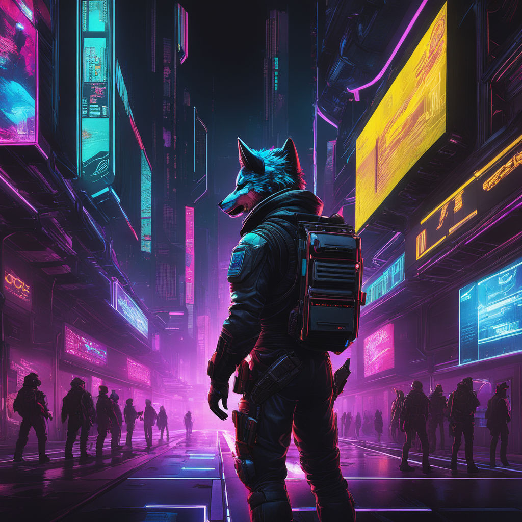 Download wallpaper 2048x1152 cyborg, hologram, cyberpunk, street