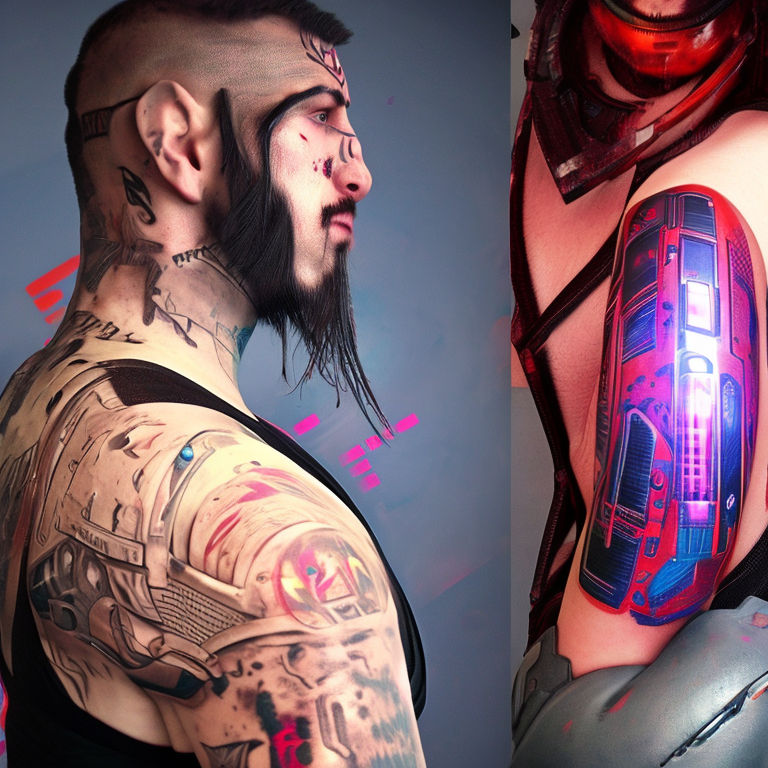 prompthunt An androgynous cyberpunk cyborg man of the future athletic  muscular body bold no hair and covered with symbolic face tattoos  Chilling stare eyes perfect warm skin 3d render hyper realistic