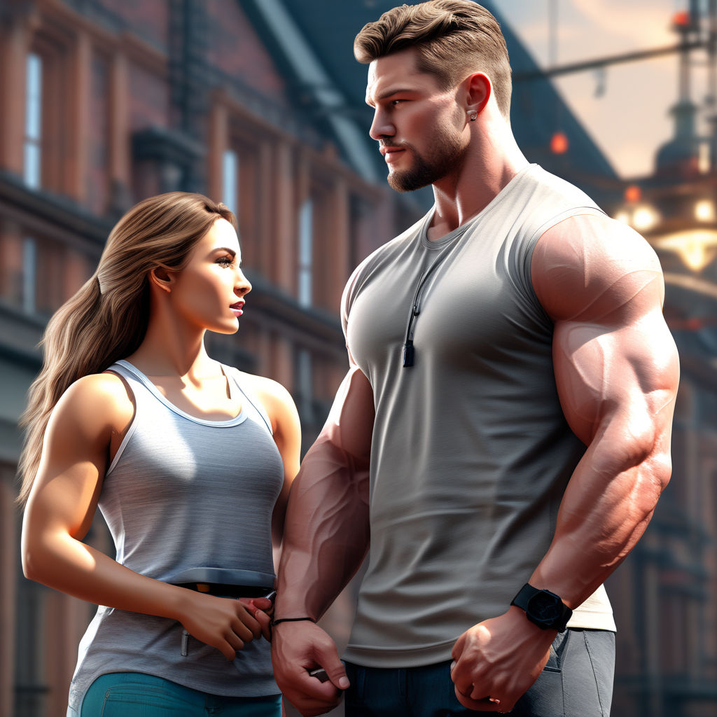 Photorealistic female/skinny male couple walking together. Huge muscle  girl. Muscular girlfriend. wearing t-shirt and jeans. Female bodybuilder.  Enormous bulging breasts. Massive breasts. Perfect full round breasts.  Massive muscles. Huge biceps. Smile 