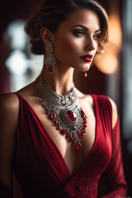 Premium Photo | A woman with a red dress and earrings stands against a dark  background.