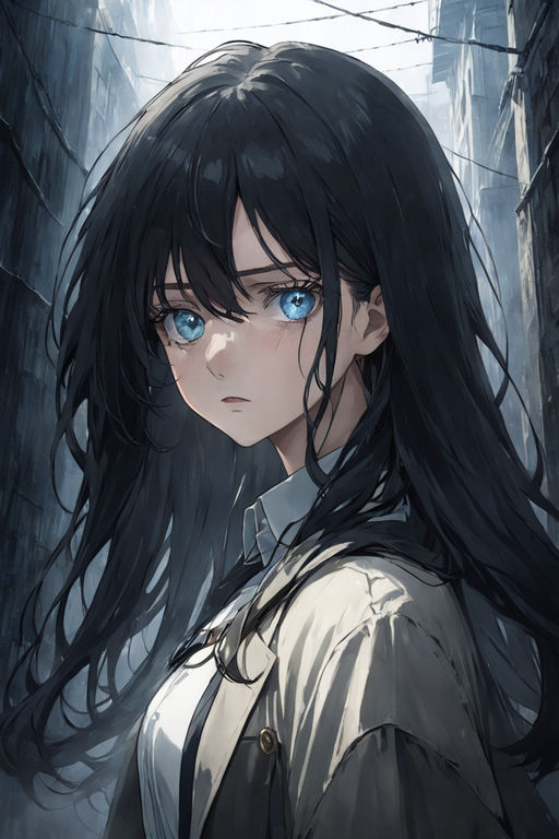 Deep dark blue haired wave anime woman with deep blue eyes - Playground