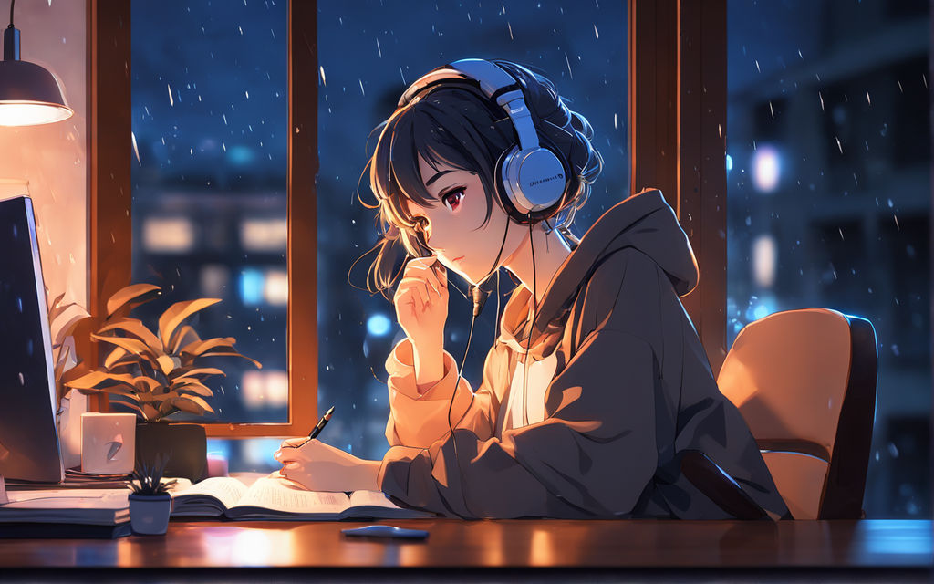 Kawaii Anime Girl Listening to Music · Creative Fabrica