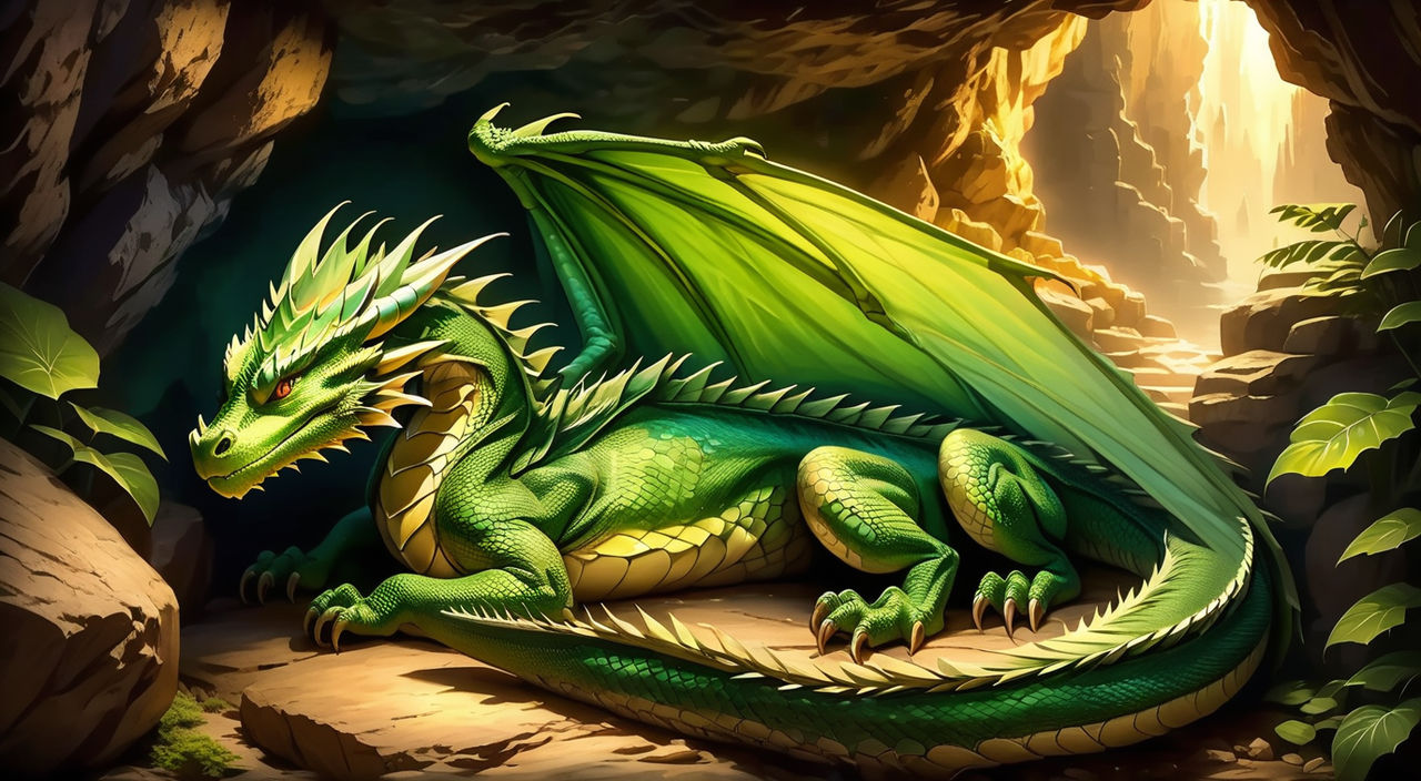 Green Dragon in the cave, the lord of dragons, has good platinum scales,  bright eyes, and is surrounded by dazzling gold and green lights.  generative ai Stock Illustration