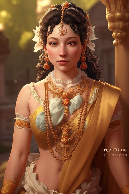 Manhwa style drawing of a greek goddess with brown hair and white eyes  wearing a traditional dress and golden jewelry