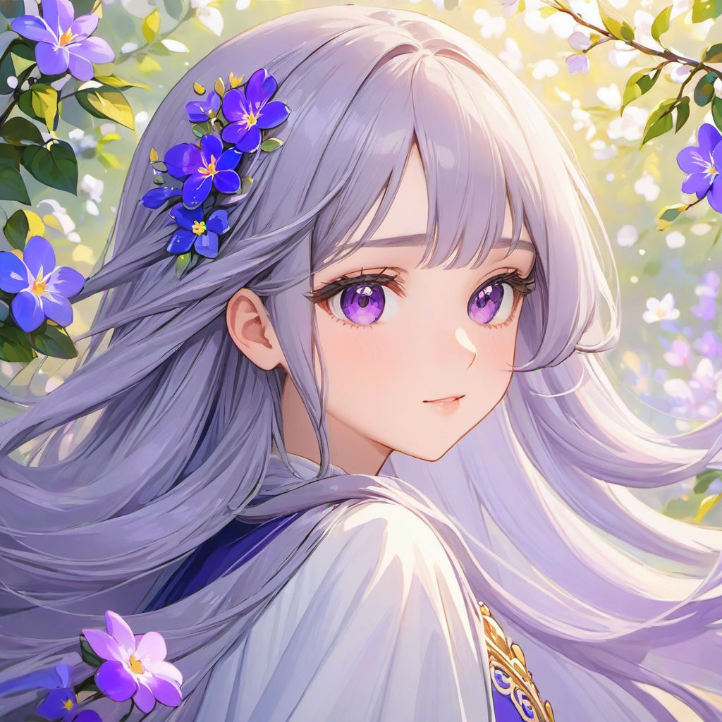 anime girl with silver hair and purple eyes