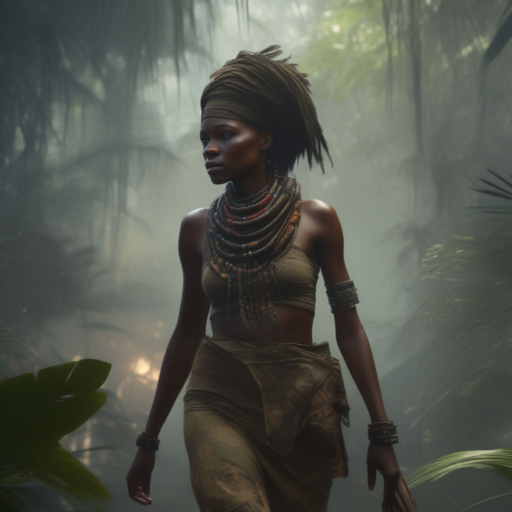 a female tribal warrior in the jungle, african. By