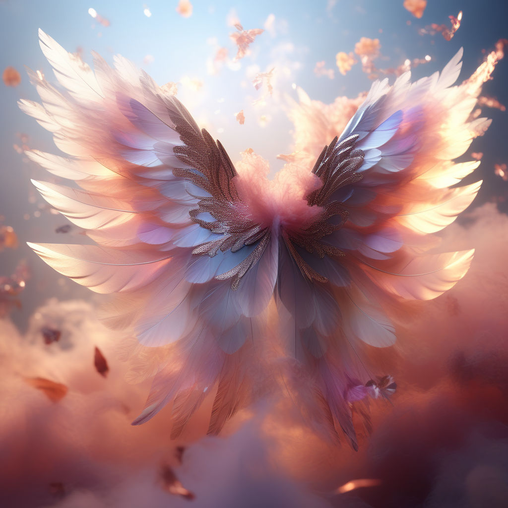 Prompt: Imagine a full  beautiful translucent Angel Wings background with brown bitterflies, perfect composition, a mystery background composition, hyper realistic perfect composition feather,   octane render trending on artstattion, ultra realistic, concept art, a mystery background, with soft swirls of rainbow colored smoke emanating from its body, conceptual art, 3d render, photo, dark fantasy, vibrant