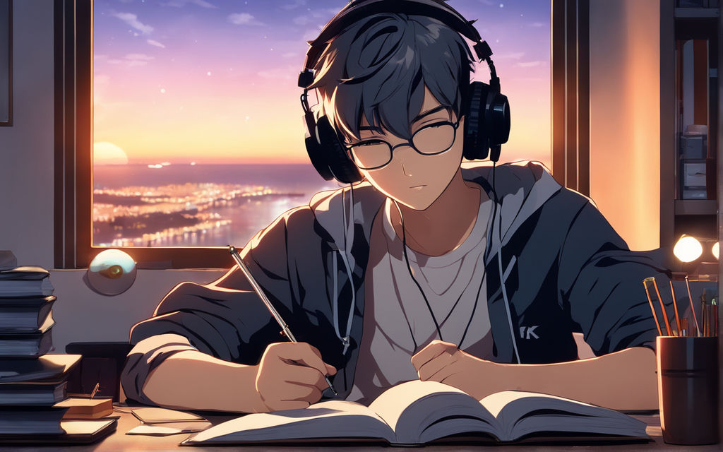 anime boy with headphones and hoodie