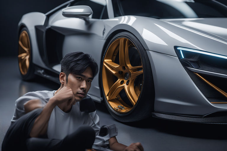 KREA - very serious ryosuke takahashi with black hair wearing a dark blue  shirt and white pants stands alone leaning on his white mazda rx 7 on an  empty gas station, late