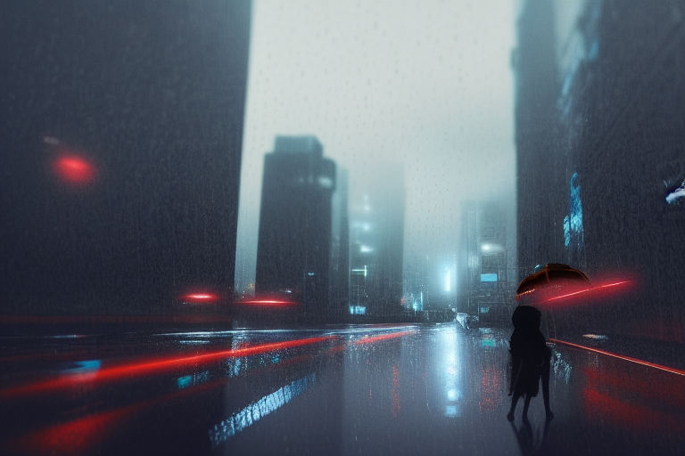 Prompt: rainy day, buildings, grey sky, people going to work, light,  cloudy, raining, city, big raindrops, , neon ambiance, abstract black oil, gear mecha, detailed acrylic, grunge, intricate complexity, rendered in unreal engine, photorealistic