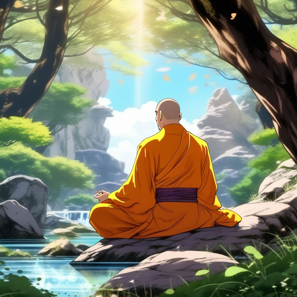 Anime Art, Peaceful monk, bald and sporting a tattooed symbol on his  forehead, in a tranquil forest clearing - Image Chest - Free Image Hosting  And Sharing Made Easy