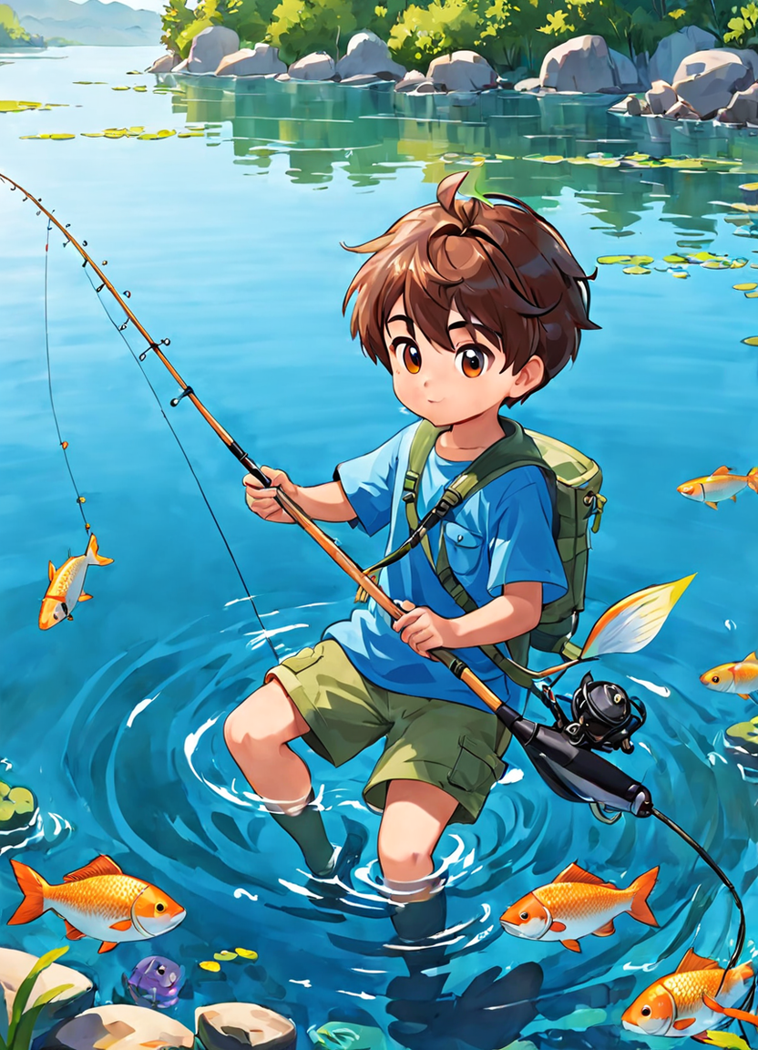 Fishing anime in futuristic dystopian city where the main character is a  boy and his fishing rod containing a fish spirit, and his best friends a  boy and a girl on Craiyon