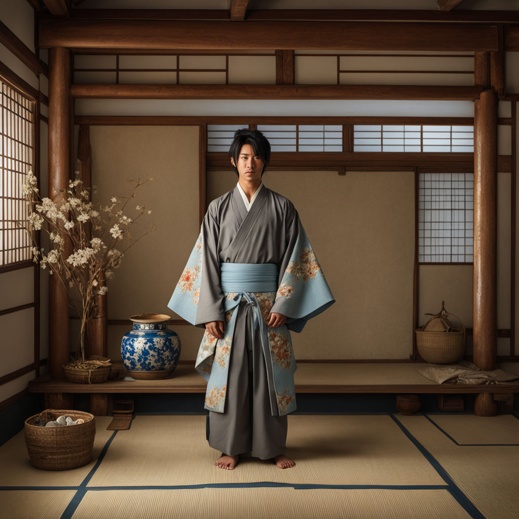 Graceful Adult Female in Japanese Kimono with Brown Wavy Hair