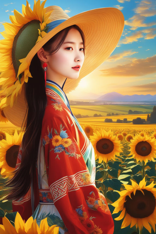 Cute blond anime girl in a big straw hat holding a sunflower in a