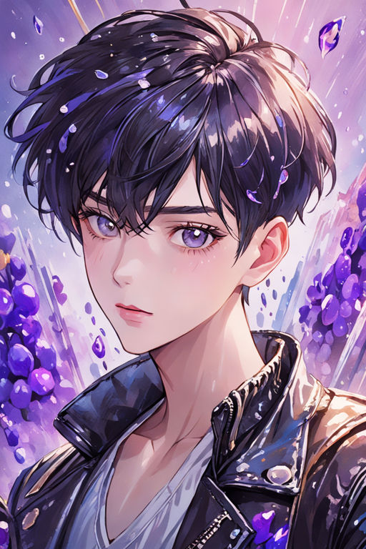 anime boy with black hair and purple eyes