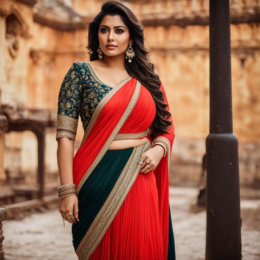 Sultry plus size well endowed full figured size 44 Bengali woman in  transparent red chiffon saree deep cuts sleeveless halter bustier wide deep  neck blouse size 44 in front of blackboard. - Playground