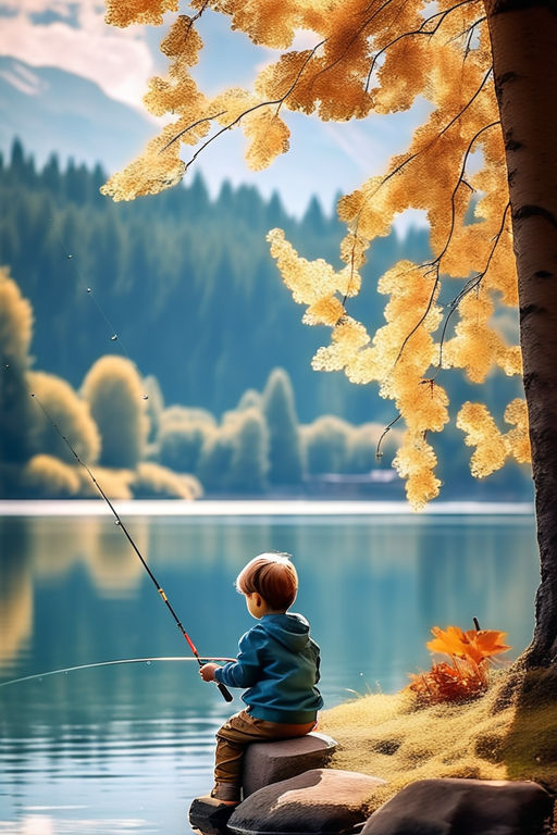 a beautiful 7 years old boy sitting next to his grandfather while fishing  from behind - Playground