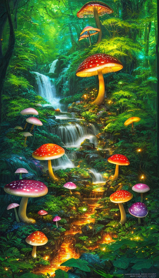 Enchanted forest, Forest, Mushrooms, Landascape, Waterfall