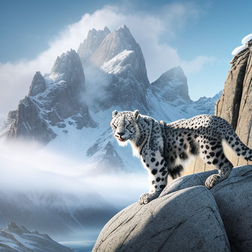 A 4K ultra HD mobile wallpaper depicting a graceful and elusive Snow Leopard,  with its thick fur and piercing blue eyes, perched on a rocky ledge against  the backdrop of a snow-capped