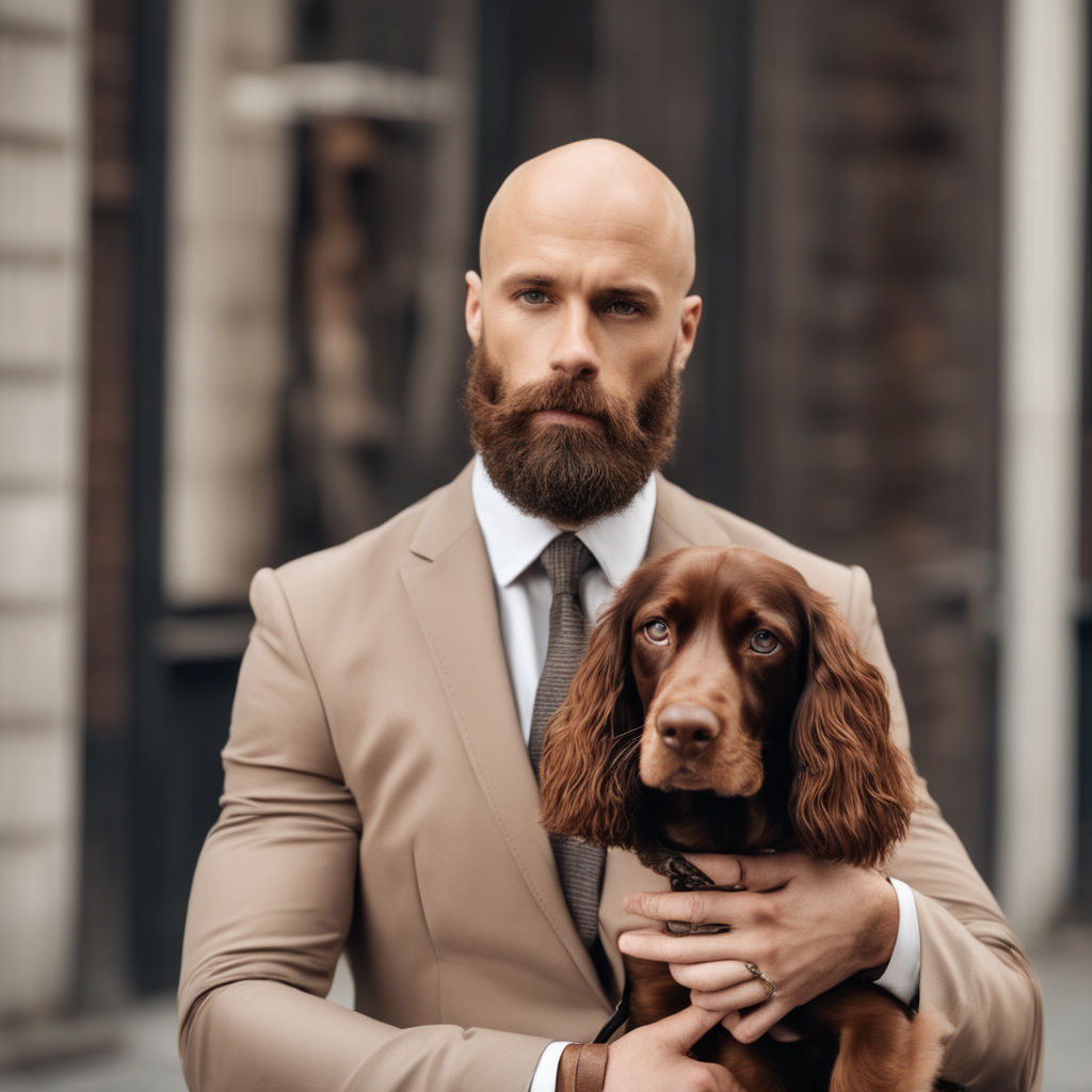 Hunky male model wearing tux and doberman