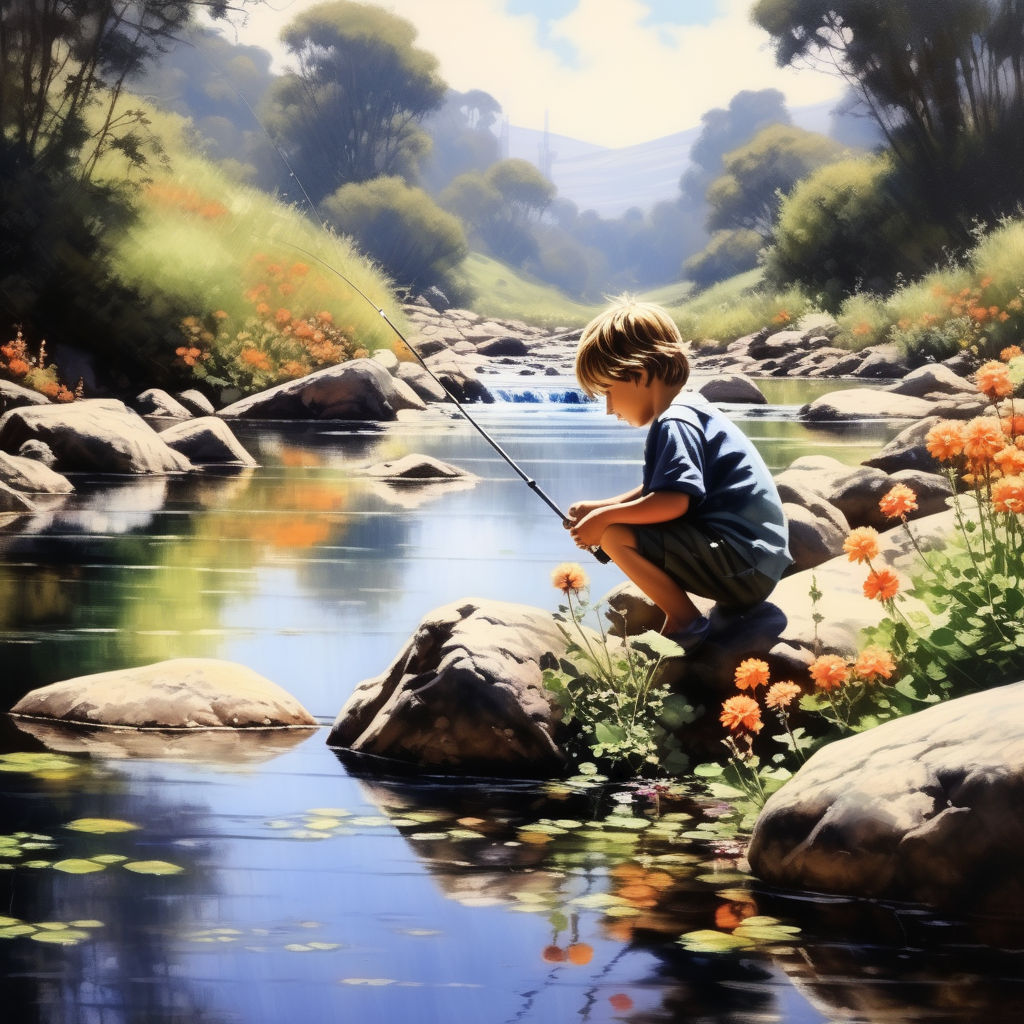 Cute Donald Trump as a small child holding a fishing pole next to a  beautiful pond. - Playground