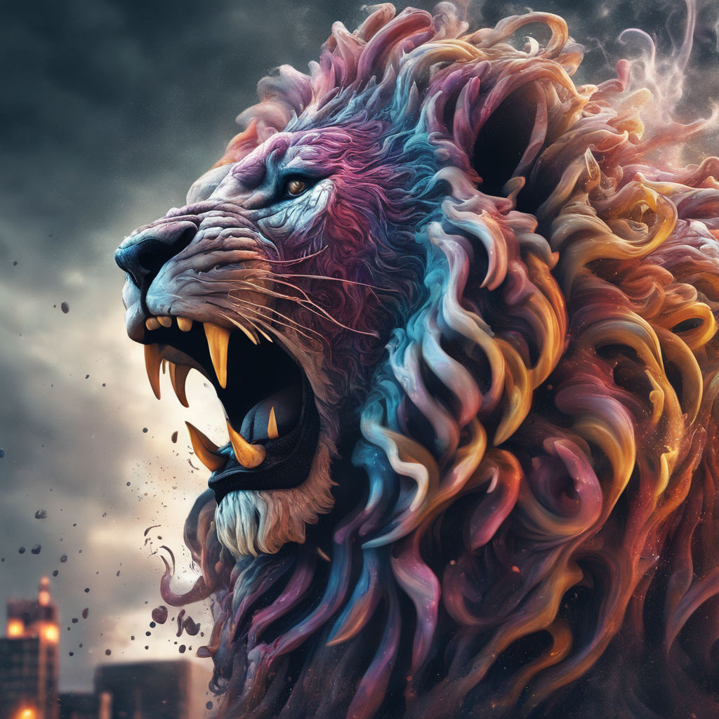 An Angry Lion with an Open Mouth and Sharp Teeth Roars in the Thicket of  the Night Forest. Generative AI Illustration in Bright Colors with Abstract  Brush Strokes for Wall Art and