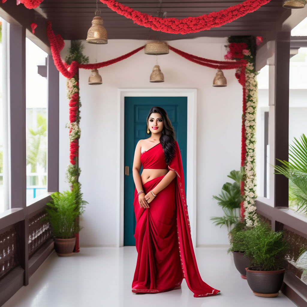 A full body portrait of a 21 year old woman wearing a red and