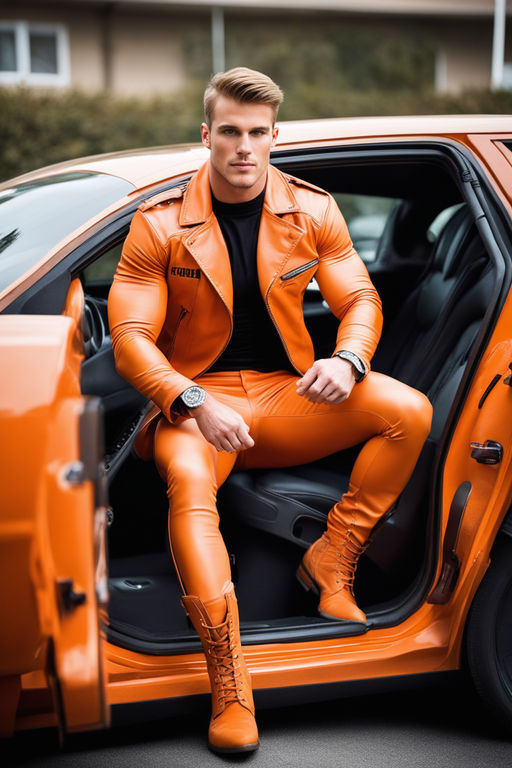 young woman poses in tight orange and white pants - Playground